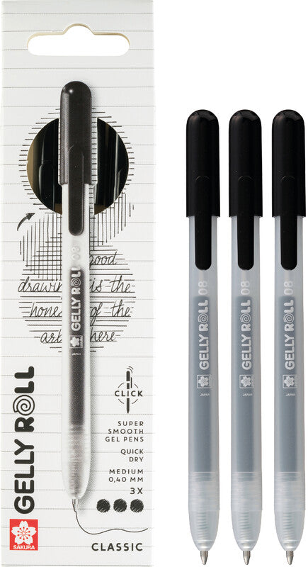 Sakura Classic Gelschreiber 3er Set – Schwarz, 0,4 mm, schnelltrocknend, für dunkles Papier, Kappe
