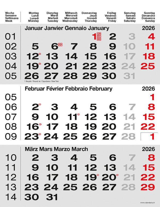 Calendaria 3-Monats-Kalender – 3 Monate pro Blatt – 2026 – Datumsschieber, Spiralbindung – 31 × 40 cm