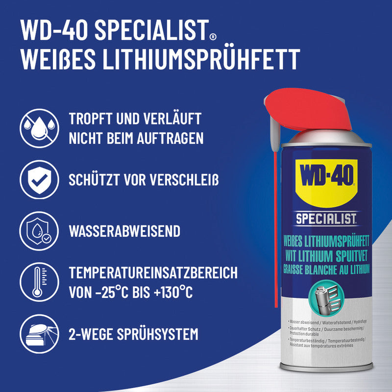 WD-40 Spezialist Lithiumsprühfett – transparent, wasserfest, für Metall, 400 ml, −25 bis +130 °C