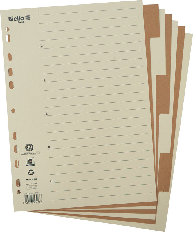 Biella Register – A4, 6-teilig, Karton, braun/beige, unbedruckt, mit Indexblatt, 11-fach Lochung