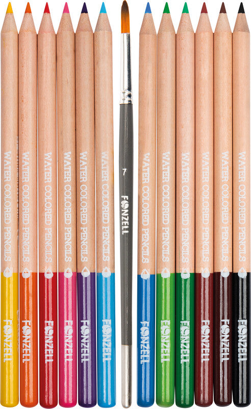 Fonzell Creative Aquarellfarbstifte-Set – 12 Farben, rund, Mine Ø 3,3 mm, mit Pinsel, Dreiecksetui