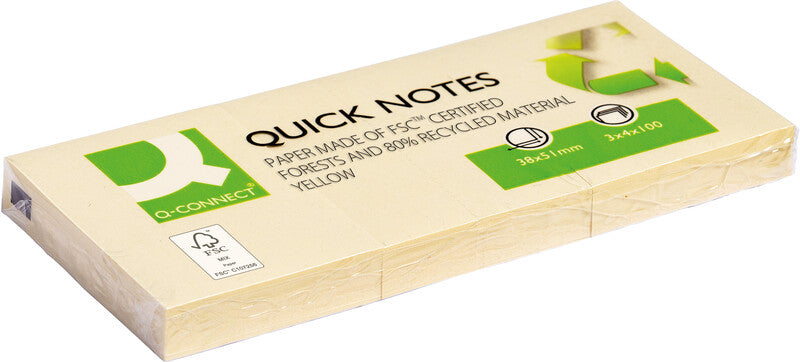 Connect Q-Connect Haftnotizen Quick Notes Recycling – 51×38 mm – gelb, 3×100 Blatt, Recyclingpapier