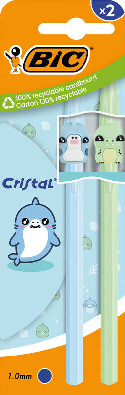 BIC Cristal-Figuren Kugelschreiber – 2er Pack, Blau, Spitze 0,32 mm, Deckel, Kunststoffschaft