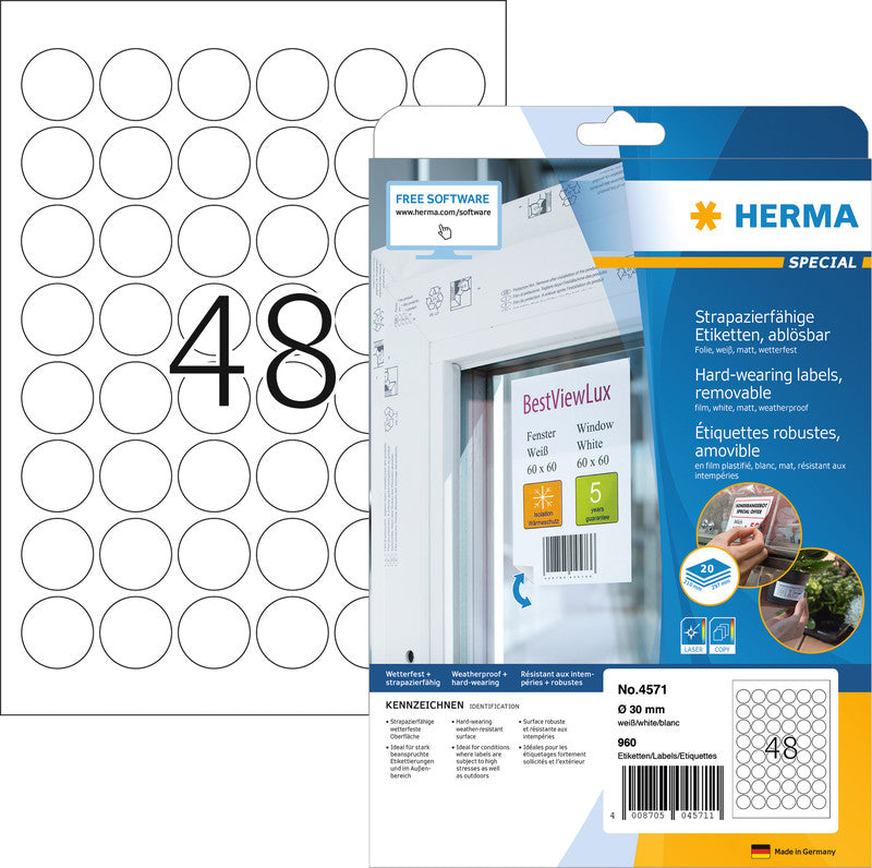 HERMA Druckeretiketten, Ø 30 mm, weiss, Folie, extra stark, 20 Blatt, 960 Etiketten