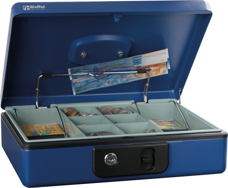 Rieffel Geldkassette – mit Schlüssel – 30 × 23 × 8,6 cm – Blau – Stahl