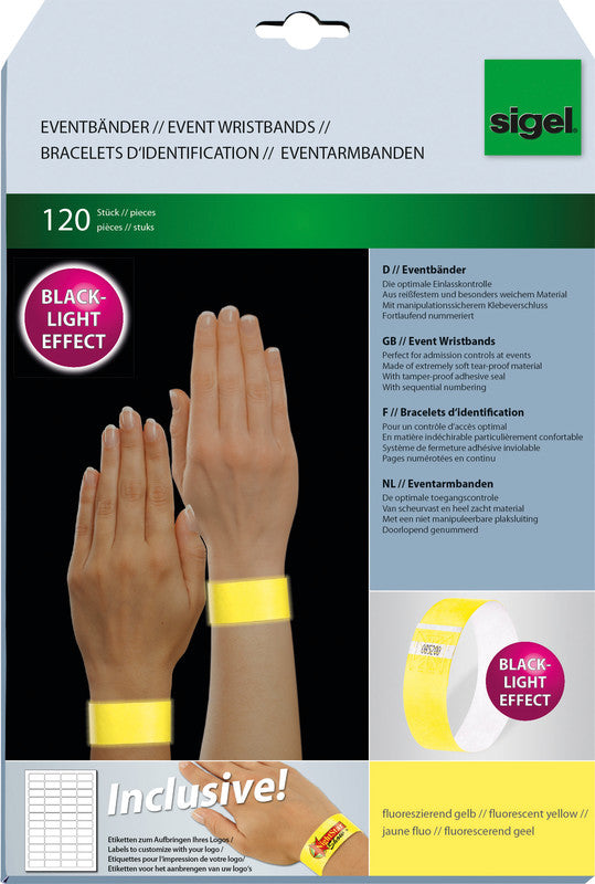 Sigel Event-Armband – 25 × 255 mm, gelb, Kunststoff, fortlaufend nummeriert – 120 Stk