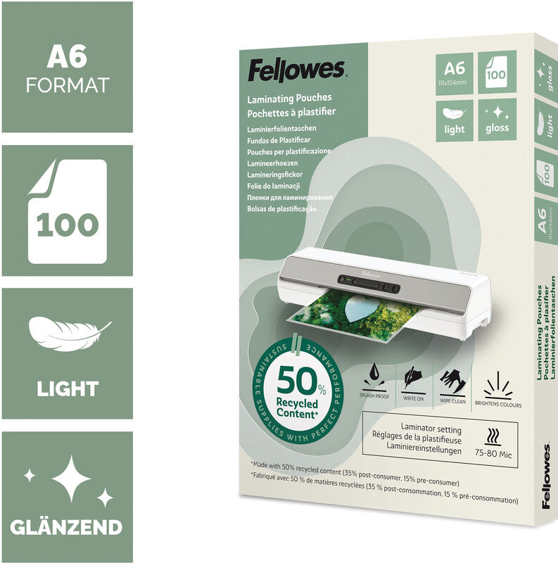 Fellowes Laminierfolien A6 – 80 µm, glänzend, 100 Stück