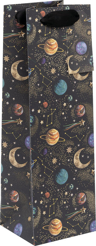 Glick Flaschentasche für Flaschen 'Celestial Glow' – 11 × 10 × 34 cm, Papier, mit Satinband, mehrfarbig