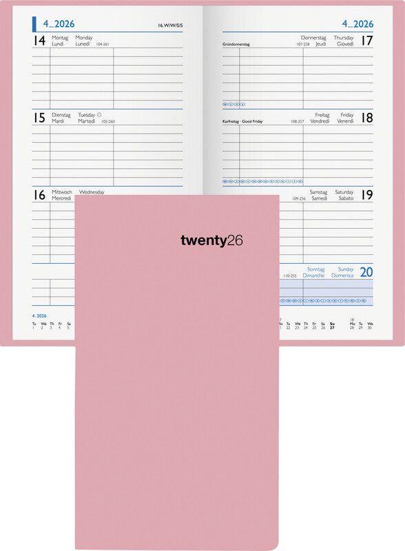 Biella Taschenagenda Colorful – 1 Woche/2 Seiten, gebunden, 8,7 × 15,3 cm, 2026, Rosa, FSC