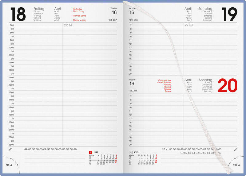 Biella Agenda – 1 Tag pro Seite, gebunden, 14,5 × 20,5 cm, 2027, 1/2-Stunden-Takt, Blau, FSC