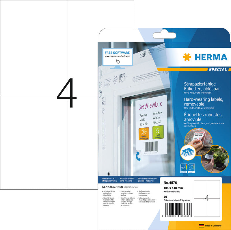 HERMA Drucketiketten, 105 mm × 148 mm, weiss, Folie, extra stark, 20 Blatt (80 Etiketten)