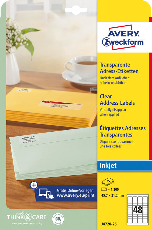 Avery Inkjet-Etiketten, 46 mm × 21 mm, transparent, Folie, permanent, 25 Blatt (1'200 Etiketten)