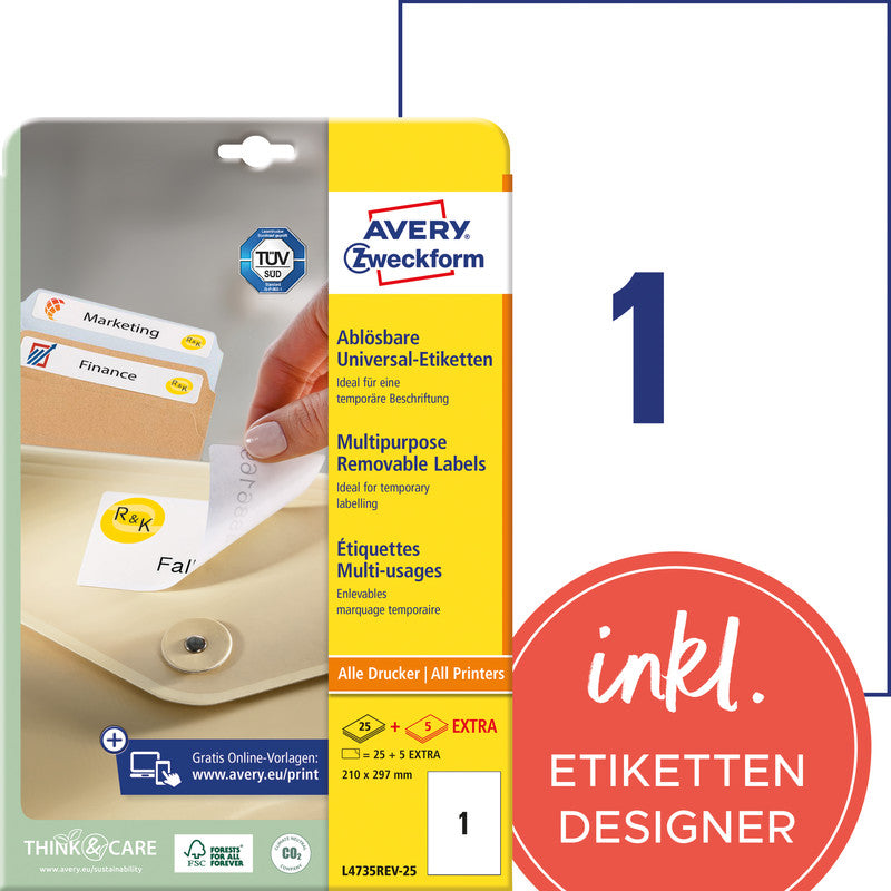 Avery Drucketiketten, 210 mm × 297 mm, weiss, Papier, wiederablösbar, Packung 30 Blatt