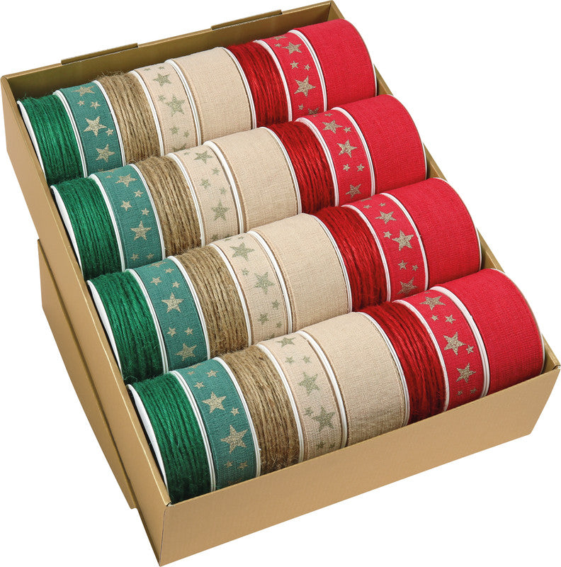 Präsent Leinenband und Kordel – Polar, Weihnachten – farbig sortiert – 2 mm × 5 m, 25 mm × 2 m, 40 mm × 2 m – 32 Rollen