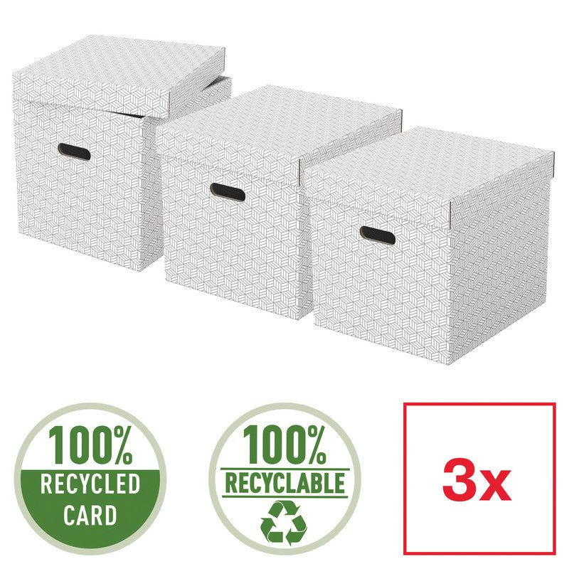 Esselte Archivschachtel A4 – mit Griffloch, abnehmbarem Deckel, 320 × 315 × 365 mm, weiss, Karton, 3er Pack