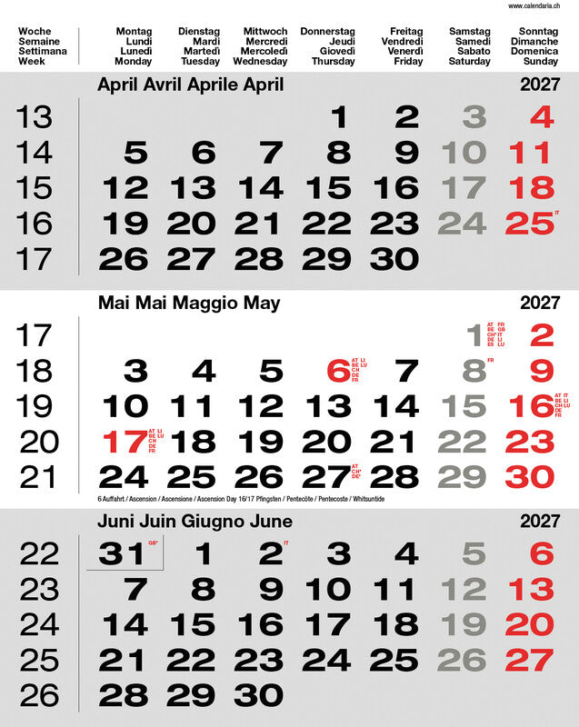 Calendaria 3-Monats-Kalender, 3 Monate pro Seite, 2027, 31 × 40 cm, d/f/i/gb, Spiralbindung, mit Datumsschieber