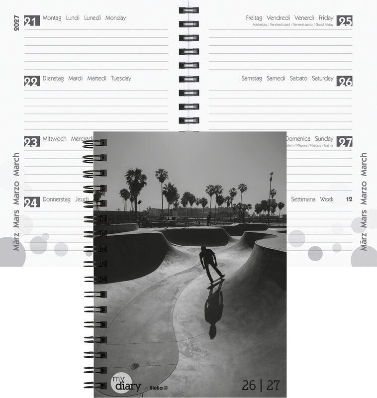 Biella mydiary Schüleragenda – 1 Woche/2 Seiten, Spiralbindung, 12 × 16,5 cm, Aug–Jul, Skater, FSC