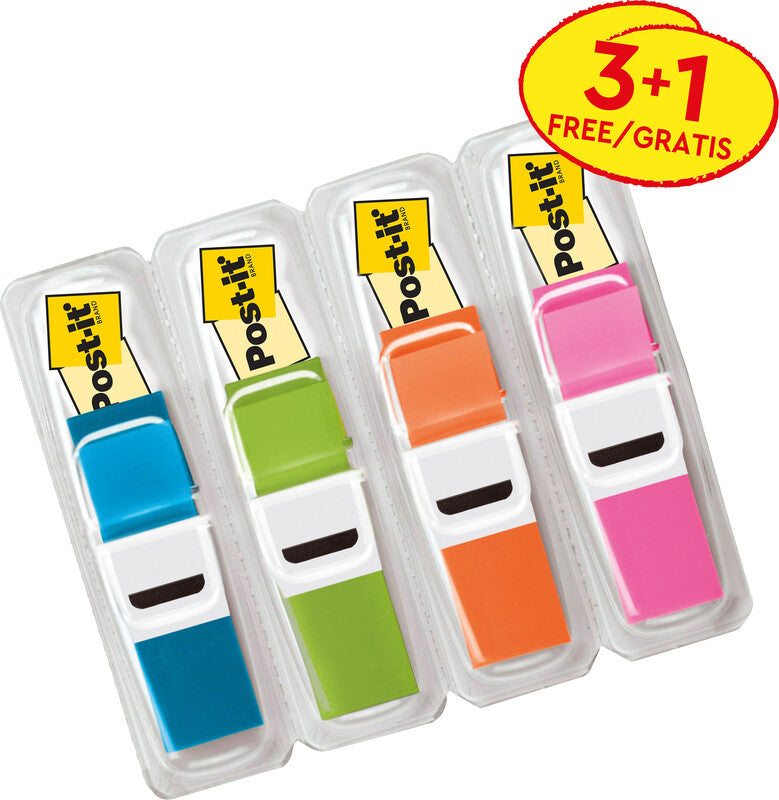 Post-it Schmale Indexstreifen Promopack 3+1 – 11,9×43,2 mm – sortiert, 4×35 Stück, mit Dispenser
