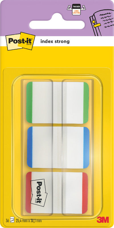 Post-it Indexstreifen Strong – 25,4×38 mm – sortiert (grün, blau, rot), 3×22 Stück, mit Dispenser