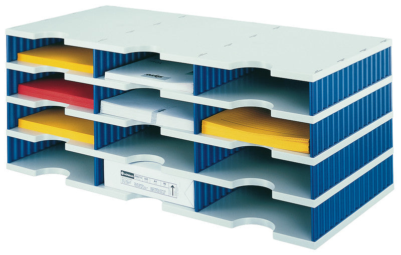 Styro Briefkorb – für C4, 12 Fächer, stapelbar, mit Griffausschnitt, blau/grau, B 723 × H 293 × T 331 mm