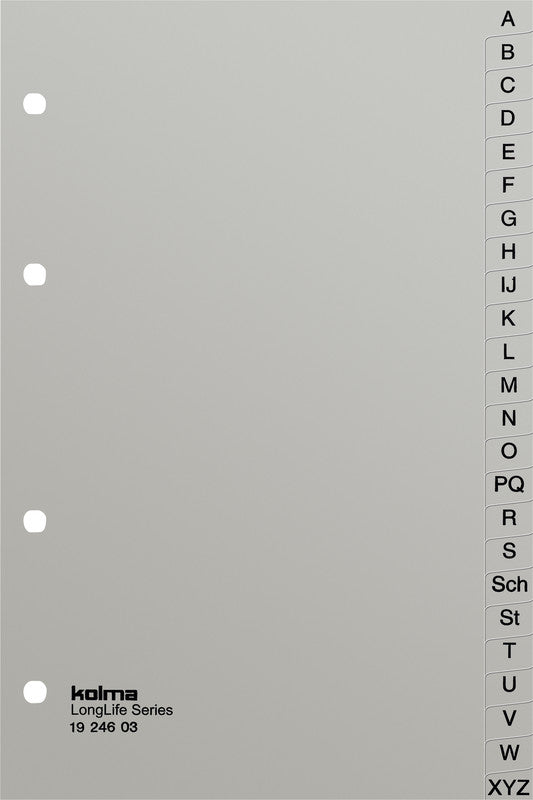 Kolma Register – 139 × 212 mm, 24-teilig, PVC, grau, 4-fach Lochung, reissfest, für 01 101