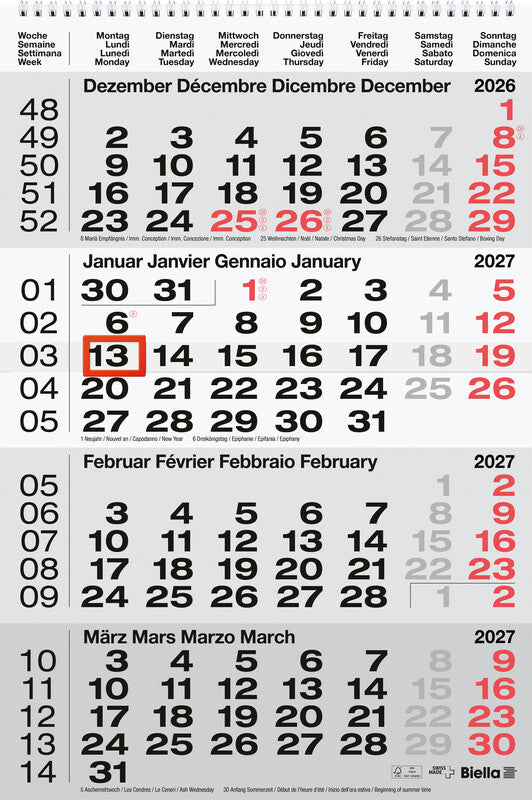 Biella 4-Monats-Kalender – 4 Monate pro Blatt – viersprachig D/F/I/GB – 2027 – Datumsschieber – 31 × 47 cm