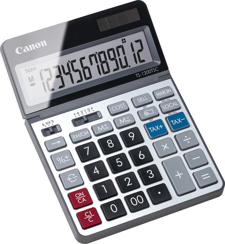 Canon Tischrechner – 12-stellig, LCD, Steuer/Währung, Solar + Batterie, Schwarz/Silber
