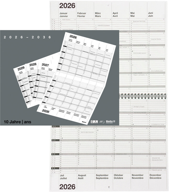 Biella 10-Jahres-Kalender – zweisprachig D/F – 2026–2036 – 30 × 24 cm