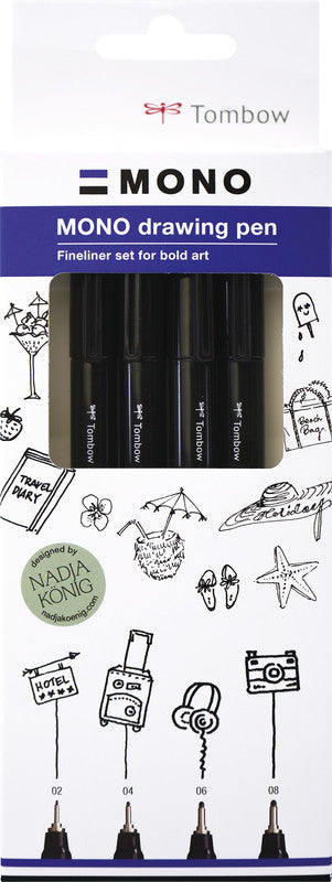 Tombow Mono Drawing Pen Fineliner – 4er-Set – Schwarz – Wasserfest