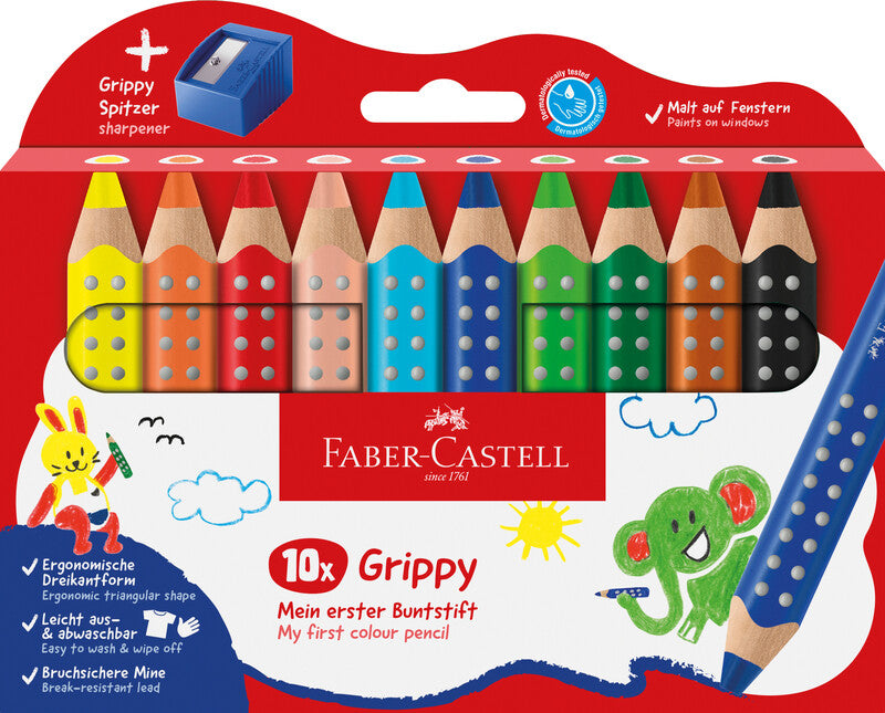 Faber-Castell 3-in-1 Farbstifte Grippy – 10 Farben, im Kartonetui, mit Spitzer, Ø 3 mm, dreikantig