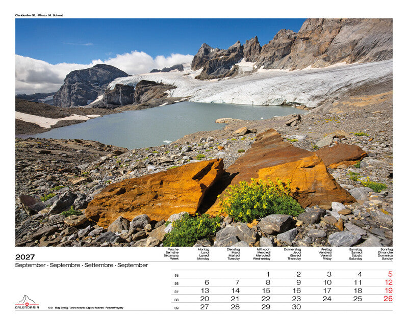 Calendaria Swiss Panorama – Bildkalender Schweiz 2027 – 40 × 31 cm – Kalendarium d/f/i/e
