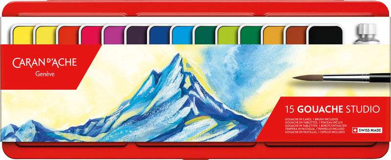 Caran d-Ache Caran d'Ache – Studio – Gouache – Set – 14 Farben, inklusive Deckweiss, mit Pinsel