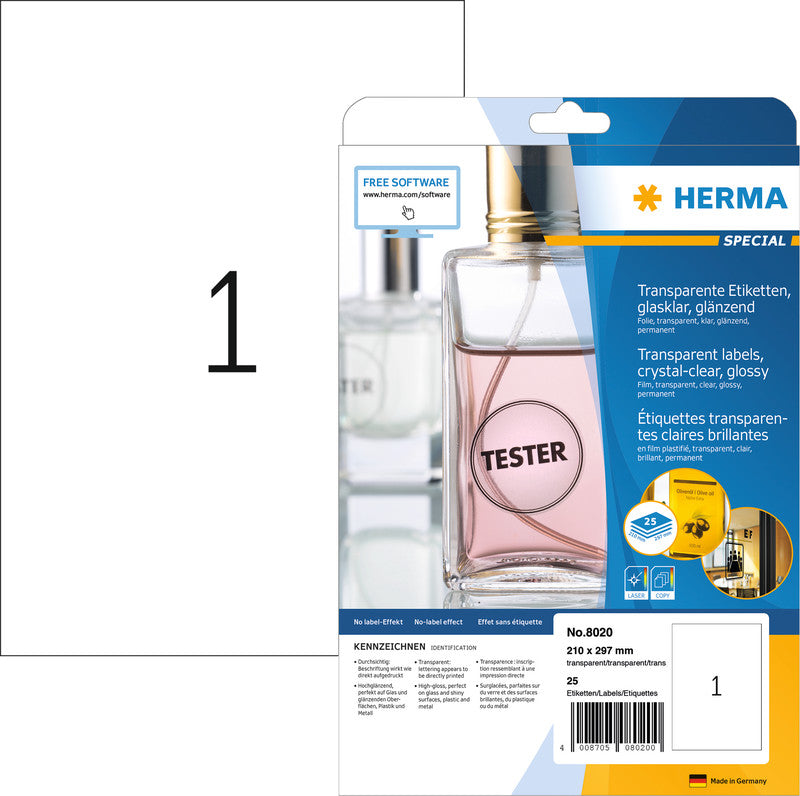 HERMA Etiketten auf Bögen, 210 mm × 297 mm, transparent, Folie, permanent, 25 Blatt