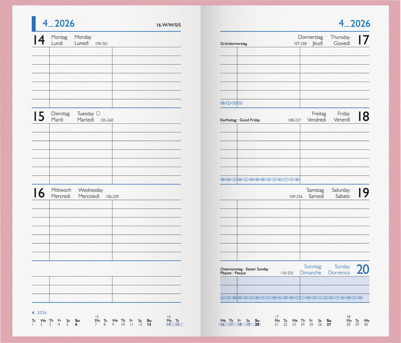 Biella Taschenagenda Colorful – 1 Woche/2 Seiten, gebunden, 8,7 × 15,3 cm, 2026, Rosa, FSC