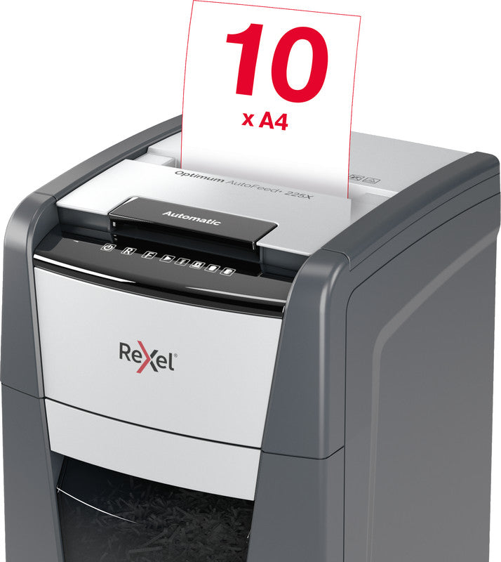 Rexel Optimum AutoFeed+ 225X – Aktenvernichter mit Autofeed 225 Blatt, DIN P-4, Partikelschnitt 4 × 25 mm, 60