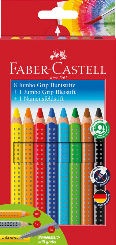 Faber-Castell Aquarellfarbstifte Jumbo Grip – 8 Farben, im Kartonetui, Ø 5,3 mm, dreikantig, FSC