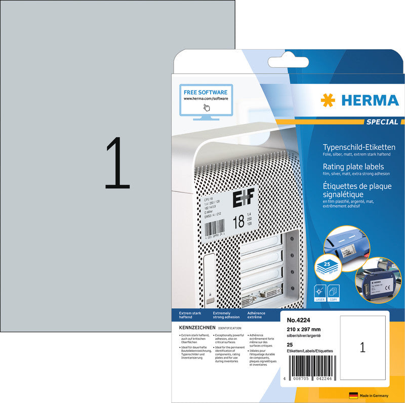 HERMA Typenschild-Etiketten, 210 mm × 297 mm, silber, Folie, permanent, 25 Blatt