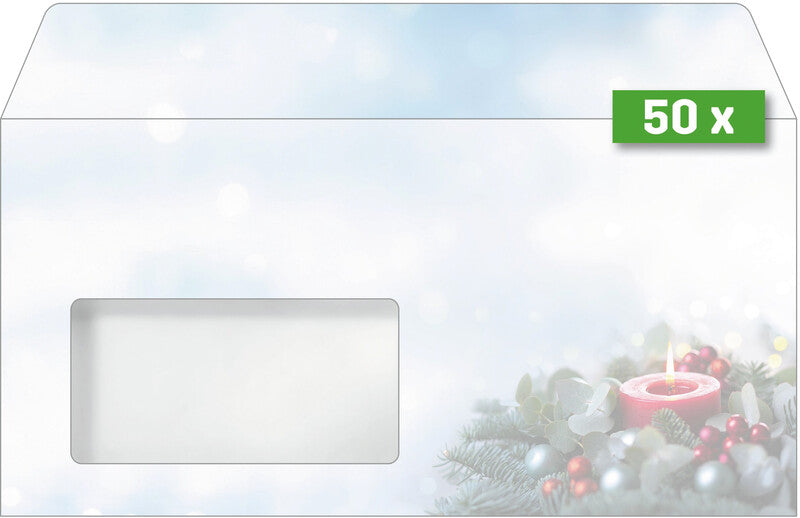 Sigel Weihnachts-Couvert C5/6, Candlelight Cheer, mehrfarbig, Nassklebung, 90 g/m², mit Innendruck – 50 Stk.