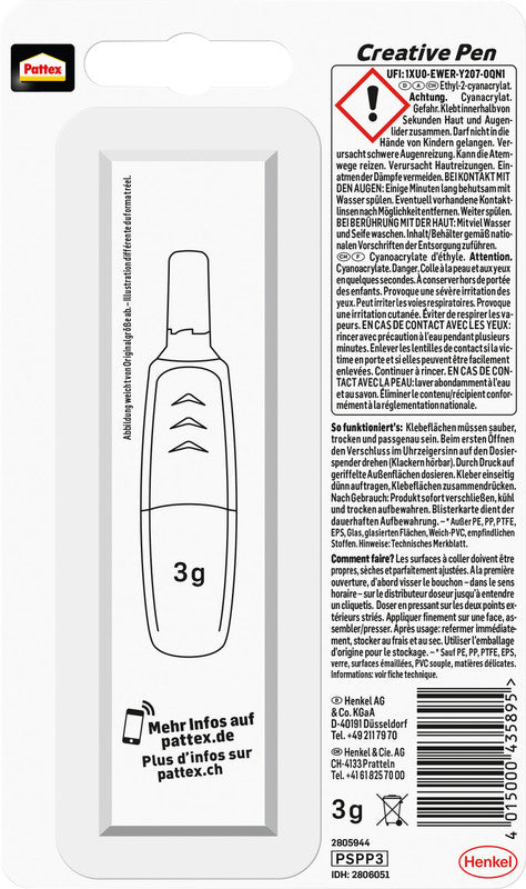 Pattex Sekundenkleber – Stift, permanent, transparent, 3 g, für die meisten Materialien