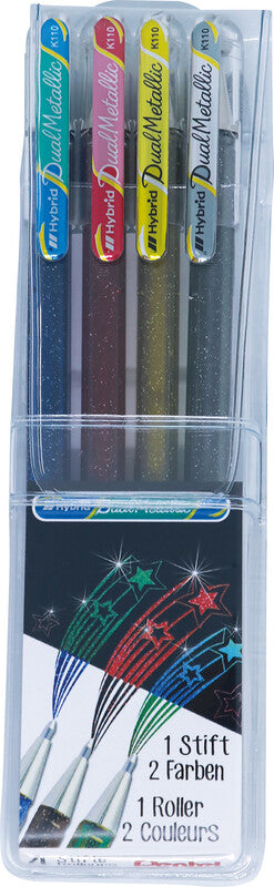 Pentel Hybrid Gel Dual Metallic Gelschreiber 4er Etui – 4 Farben, 1 mm, für dunkles Papier, Kappe