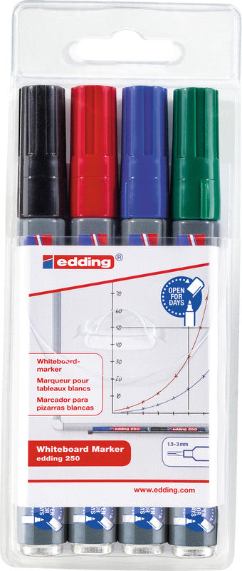 Edding Whiteboard-Marker 250 – Rundspitze 1,5-3 mm – Sortiert – 4er-Set – Trocken abwischbar