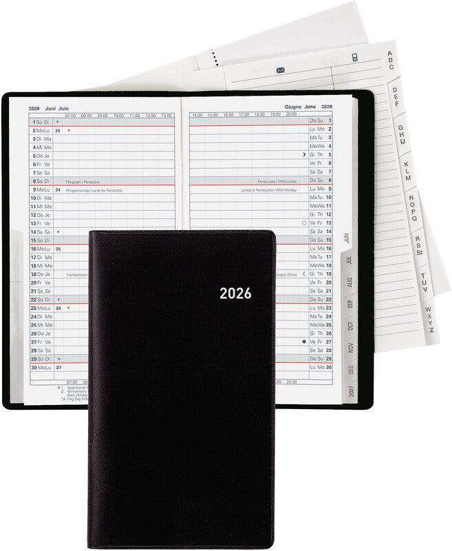 Biella Luzern Agenda – 1 Monat/2 Seiten, geheftet, 8,7 × 15,3 cm, 15 Monate Okt–Dez, 2026, schwarz, PEFC