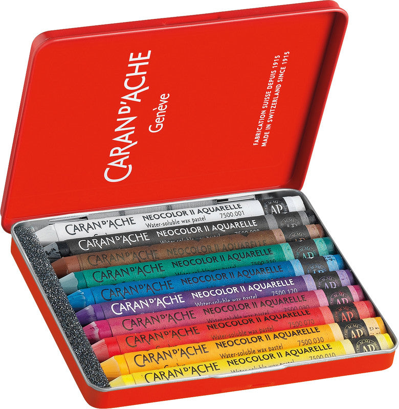 Caran d-Ache Caran d'Ache Neocolor II Aquarellfarbstifte-Set – 10 Farben, Mine Ø 8,6 mm, Metallschachtel