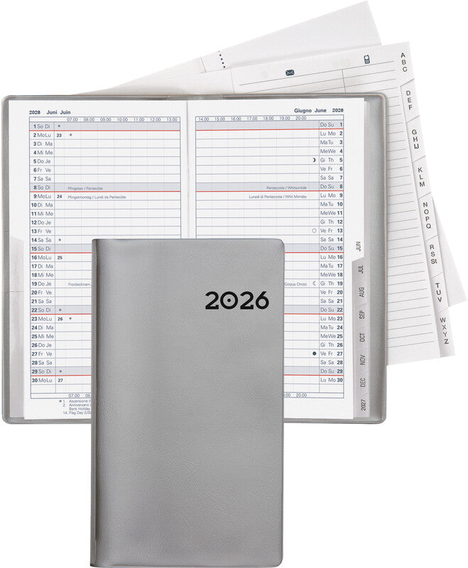 Biella Luzern Agenda – 1 Monat/2 Seiten, geheftet, 8,7 × 15,3 cm, 15 Monate Okt–Dez, 2026, silber, PEFC