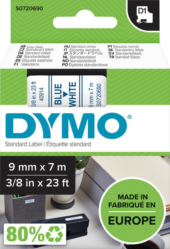 DYMO Schriftband – 9 mm × 7 m, weiss, blau – für LabelPoint 200, 250, 300, usw. – D1