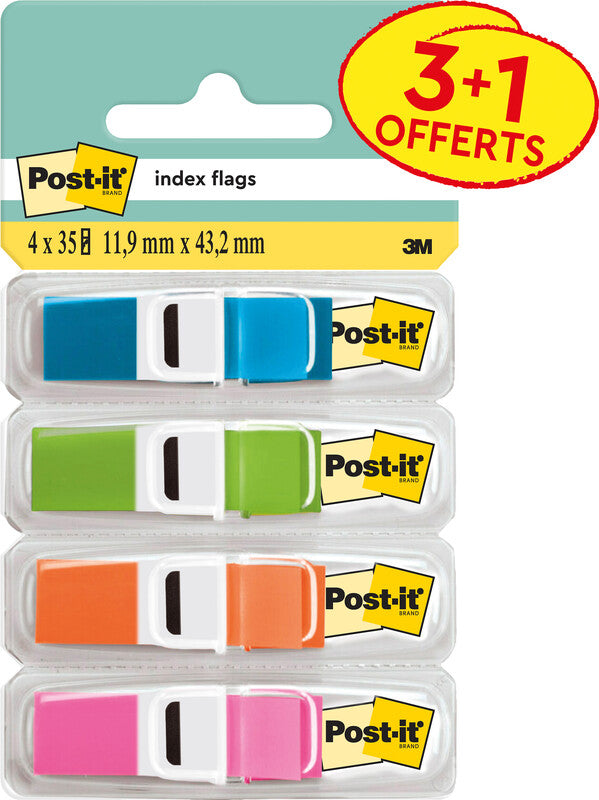 Post-it Schmale Indexstreifen Promopack 3+1 – 11,9×43,2 mm – sortiert, 4×35 Stück, mit Dispenser
