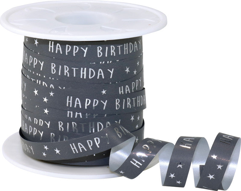 Präsent Geschenkband – Happy Birthday – recyclingfähig, Kunststoff – 10 mm × 100 m – grau