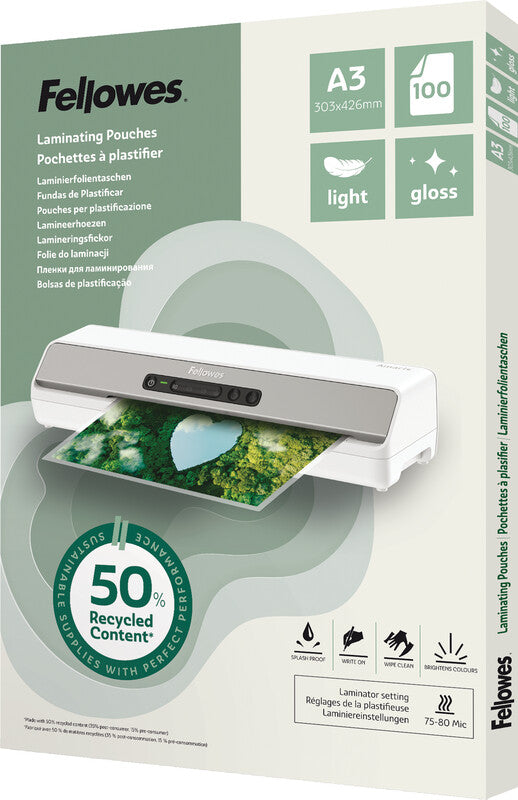 Fellowes Laminierfolien A3 – 80 µm, glänzend, 100 Stück