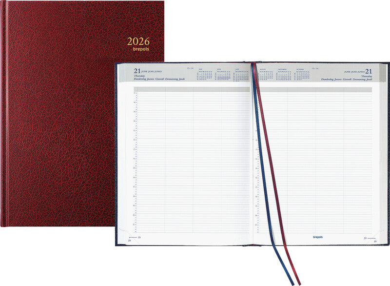 Brepols Bremax 2 Agenda – 1 Tag/2 Seiten, gebunden, 21 × 29 cm, 2026, 1/4-Stunden-Takt, Bordeaux, FSC