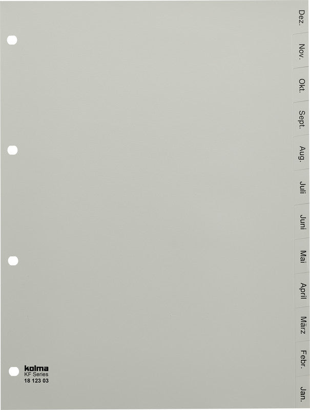 KolmaFlex Register – A4, 12-teilig, PP, grau, vorgedruckt, 4-fach Lochung, Monatsbeschriftung